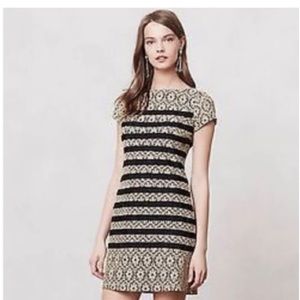 Anthropologie Tabitha 2 Short Sleeve Mini Black Striped Lace Dress XS Cream Tan